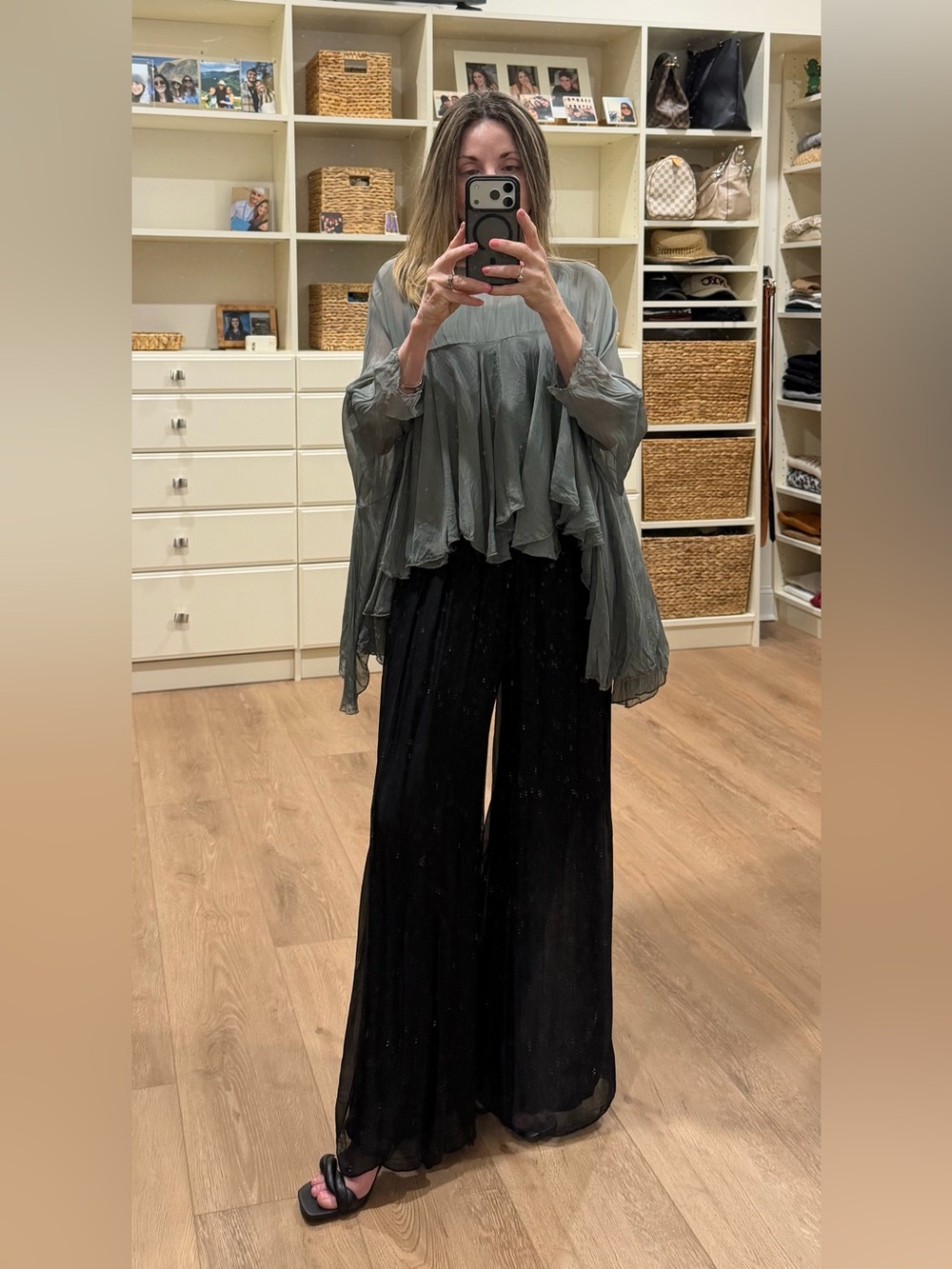 Made in Italy 100% Silk Set: Black Wide Leg Side Slit Pants & Sage Blouse SZ S - Picture 4 of 15